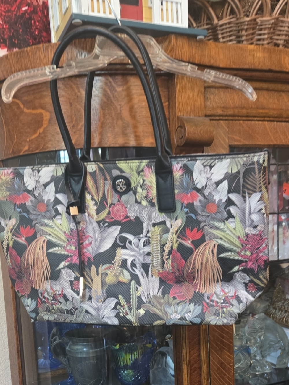 Christian Louboutin Black Floral Print Tote with Multicolor Botanical Design